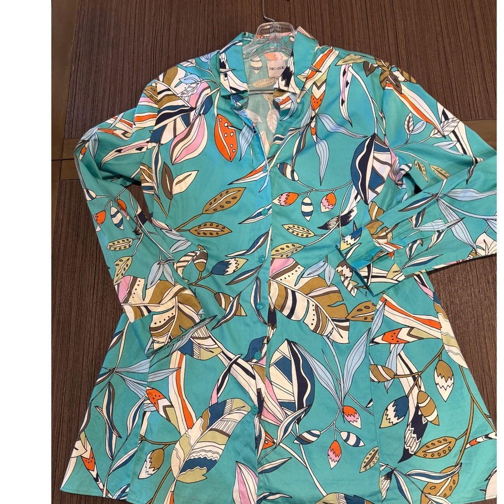 Nic+Zoe Womens Teal Tropical Leaf Print Button Down Tunic Flared Bottom Top S